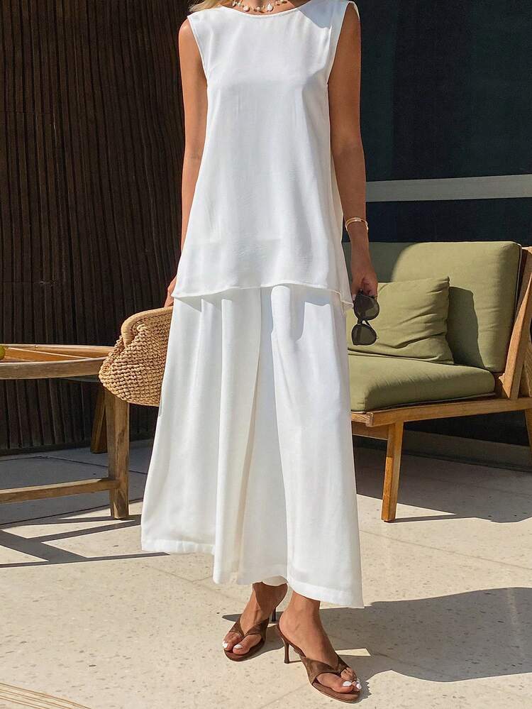 Women's Elegant Backless Sleeveless Top And Wide Leg Pants/Culottes 2 Pieces Set, Loose Fit, Suitable For Vacation, Spring/Summer