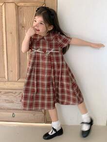 Dazy Kids 少女彼得潘领格子蝴蝶结装饰复古法式度假连衣裙 - 紅色 - 查看 5