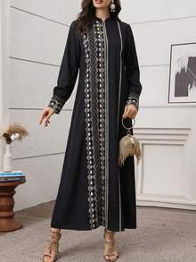 Al Najma 黑色优雅几何印花宽松阿拉伯风格连衣裙 - 黑色 - 查看 4