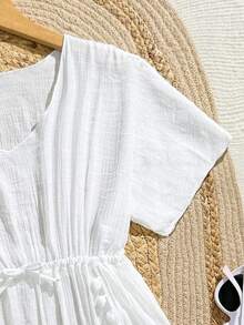 女童白色薄纱雪纺罩衫，白色流苏，时尚可爱，适合夏季、海滩、度假穿着 - 白色 - 查看 3