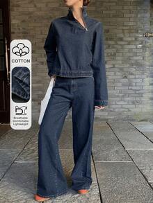 DAZY 女士牛仔长袖翻领上衣和直筒裤休闲街头风牛仔套装 - 深色水洗藍 - 查看 1