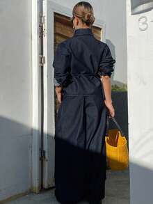 Livesso Bộ đồ công sở dáng rộng, thoải mái, thời trang xuân/thu, gồm áo sơ mi dài tay thiết kế thắt eo và quần ống đứng/quần jeans, gồm 2 mảnh dành cho nữ. - Rửa tối - Xem 7