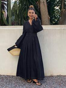 Livesso Women's V-Neck Ruched Waist Puff Sleeve Denim Dress - Blue - View 4