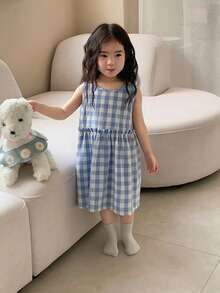DAZY 女童圆领韩版格子休闲无袖家居服 - 藍色 - 查看 2