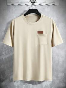 Manfinity Homme Men's Slim Fit Crew Neck Short Sleeve T-Shirt With Left Chest Pocket And Leather Patch - Apricot - View 4