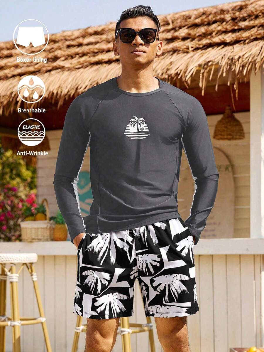 Manfinity KASUA 2pcs Men's Simple Print Long Sleeve Top And Shorts Set - Multicolor - View 1