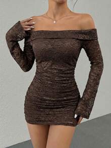 SHEIN EZwear 女士时尚性感撞色蕾丝露肩紧身连衣裙，女士夏季连衣裙，茶会连衣裙 - 咖啡棕 - 查看 5