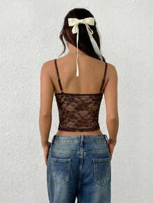 SHEIN EZwear 女士休闲棕色蕾丝修身吊带背心，夏季 - 棕色 - 查看 2