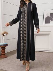 Al Najma 黑色优雅几何印花宽松阿拉伯风格连衣裙 - 黑色 - 查看 5