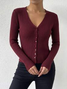 Cárdigan de punto acanalado para mujer con escote en V y botones frontales, Suéteres de mujer - Rojo burdeos - Ver 2