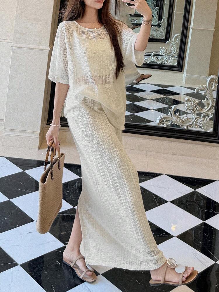 Women's Casual Solid Color Short Sleeve Top & Long Skirt 2-Piece Set