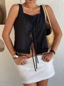 DAZY 女士无袖波点吊带背心，配蝴蝶结，休闲牛仔度假风上衣 - 深色水洗藍 - 查看 2