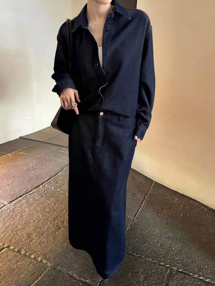 Livesso 春夏宽松商务休闲时尚办公室装复古水洗牛仔衬衫和直筒裙两件套女装 - 深色水洗藍 - 查看 7