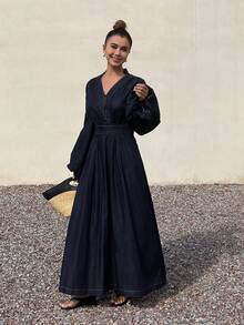 Livesso Women's V-Neck Ruched Waist Puff Sleeve Denim Dress - Blue - View 5