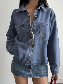 Livesso Women's Casual Denim Jacket With Collar, Autumn/Winter - Blue - View 4