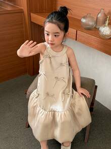 Dazy Kids 韩版少女圆领缎面蝴蝶结正式派对生日礼服 - 杏色 - 查看 5