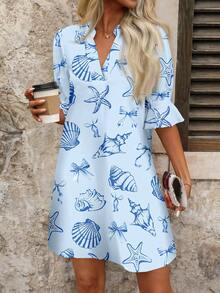 SHEIN Clasi Women's V-Neck Starfish & Shell Print Casual Vacation Mini Dress - Baby Blue - View 4