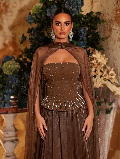 Glamrae Elegant Brown (Includes Detachable Halter Neck Fringe), Strapless Design, Luxurious Heavy-Duty 3D Hot-Fix Rhinestones, Handmade Beaded Details, Oversized A-Line Skirt, Romantic And Gorgeous 3D Floral Pattern. Suitable For Dates, Bachelor/Bachelorette Parties, Wedding Events, Graduation/Back-To-School Season, Wedding Guests, Wedding Parties, Bridesmaids, Luxurious Wedding Evening Gowns, Valentine's Day Outfits, Long Party Dresses, And Elaborate Evening Gowns (Heavy-Duty Design).