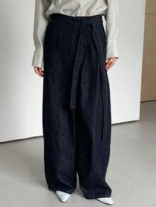 DAZY 复古水洗牛仔灯笼裤，宽松修身直筒牛仔裤，女士款 - 藏蓝色 - 查看 3