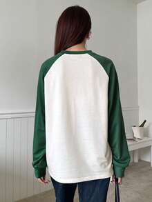 DAZY Letter Patched Colourblock Raglan Sleeve Tee - Dark Green - View 5