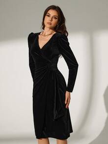 Bluhae Váy quấn nhung thanh lịch mùa thu cho nữ Maxi - màu đen - Xem 3