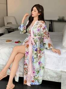 DAZY Satin Abstract Nature Print Color Block Long Robe For Women - Mint Blue - View 4
