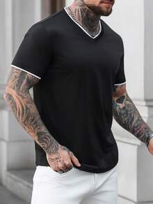 Manfinity CasualCool 男士V领休闲百搭日常短袖T恤 - 黑色 - 查看 5