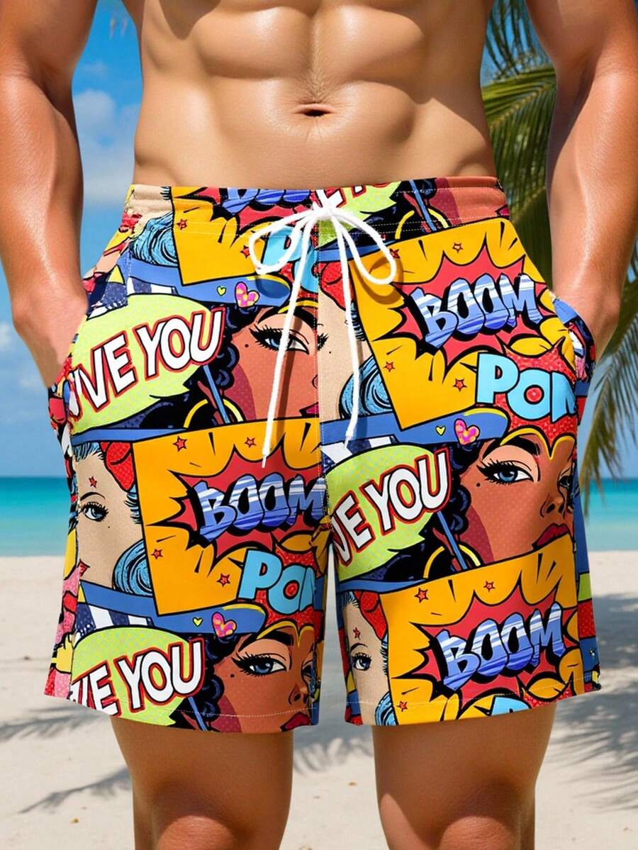 Manfinity Swimmode Men's Summer Beach Vacation Pop Art Print Drawstring Waist Slant Pocket Beach Shorts - Multicolor - View 1