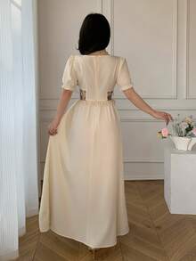 Celisse Women's Floral Jacquard Patchwork Midi Dress With Puff Sleeves, Elegant Romantic Wedding Day Party Date Beige Summer - Apricot - View 2