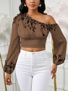 Lureya 女士时尚斜肩灯笼袖弹力袖口腰部上衣，度假印花休闲通勤装 - 彩色 - 查看 3