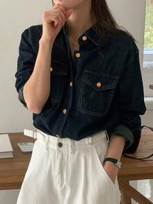 DAZY 复古长袖牛仔衬衫，休闲宽松版型女式工装外套