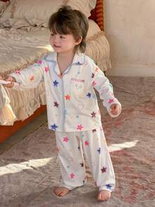 DAZY 2pcs Toddler Boys' Korean Style Star Print Lapel Long Sleeve Shirt And Pants Pajama Set - Red and White - View 2