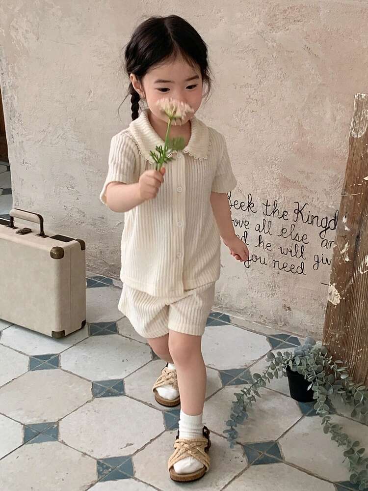 2pcs Baby Girls Collared Comfortable Korean Style T-Shirt And Shorts Set Summer Toddler Girls Clothes