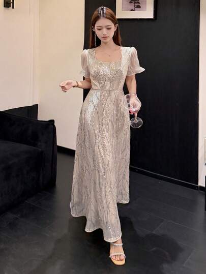 DAZY 高端奢华亮片装饰长款晚礼服，优雅正式晚宴礼服，闪亮礼服