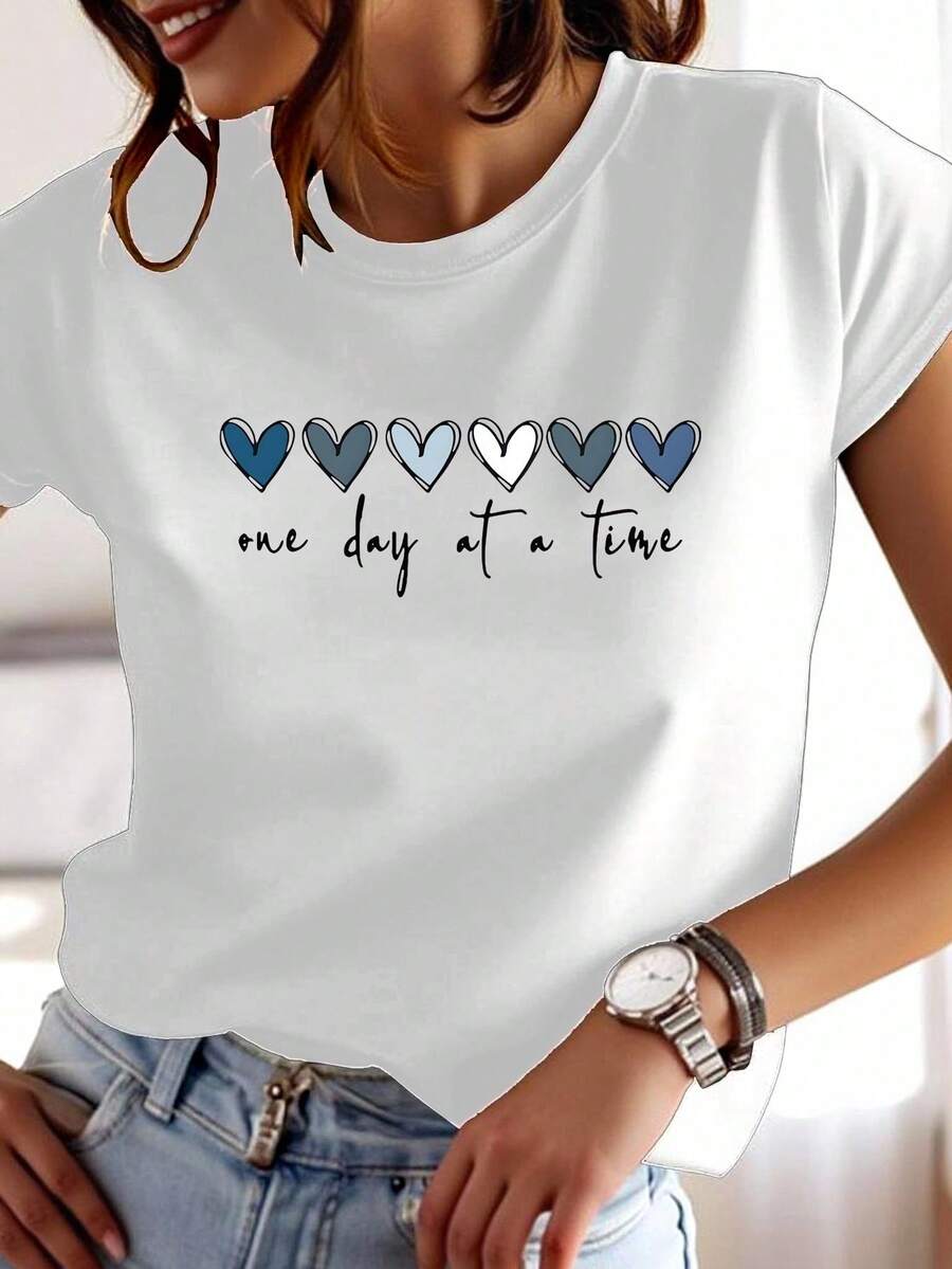 SHEIN CURVE+ Women's Light Blue Casual Short-Sleeve T-Shirt With "One Day At A Time" Heart Print - Soft Polyester, Round Neck, Machine Washable, Spring/Summer Fashion Essential, Everyday Tshirt | Round Neck Shirt | Polyester Fabric - White - View 1