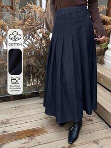 Dazy Tall Tall Women's Pleated Long Casual Elegant Denim Skirt - Dark Wash - View 1