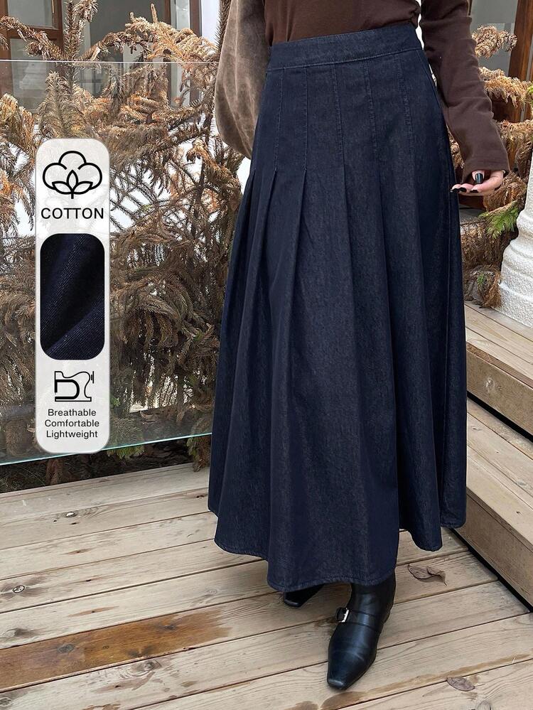 Tall Women's Pleated Long Casual Elegant Denim Skirt