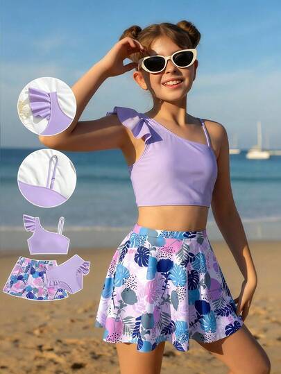 SHEIN Tween Girl Summer Beach Solid Color Asymmetric-Shoulder Ruffle Tankini Top And Matching Skirt Swimwear Set