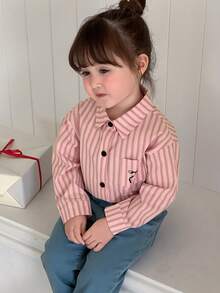 DAZY 女婴/幼儿翻领条纹韩版蝴蝶结印花长袖衬衫 - 粉色 - 查看 2