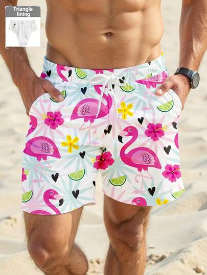 Manfinity RSRT Men's Tropical Flamingo Print Beach Shorts, Mesh Lining, Suitable For Dates, Family Gatherings