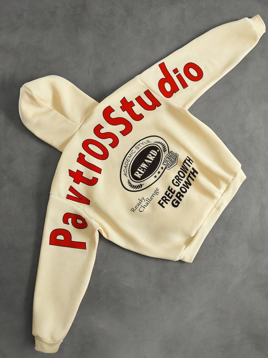 PAVTROS 男士 INS 风格连帽衫，休闲街头风，时尚宽松卫衣 - 杏色 - 查看 1