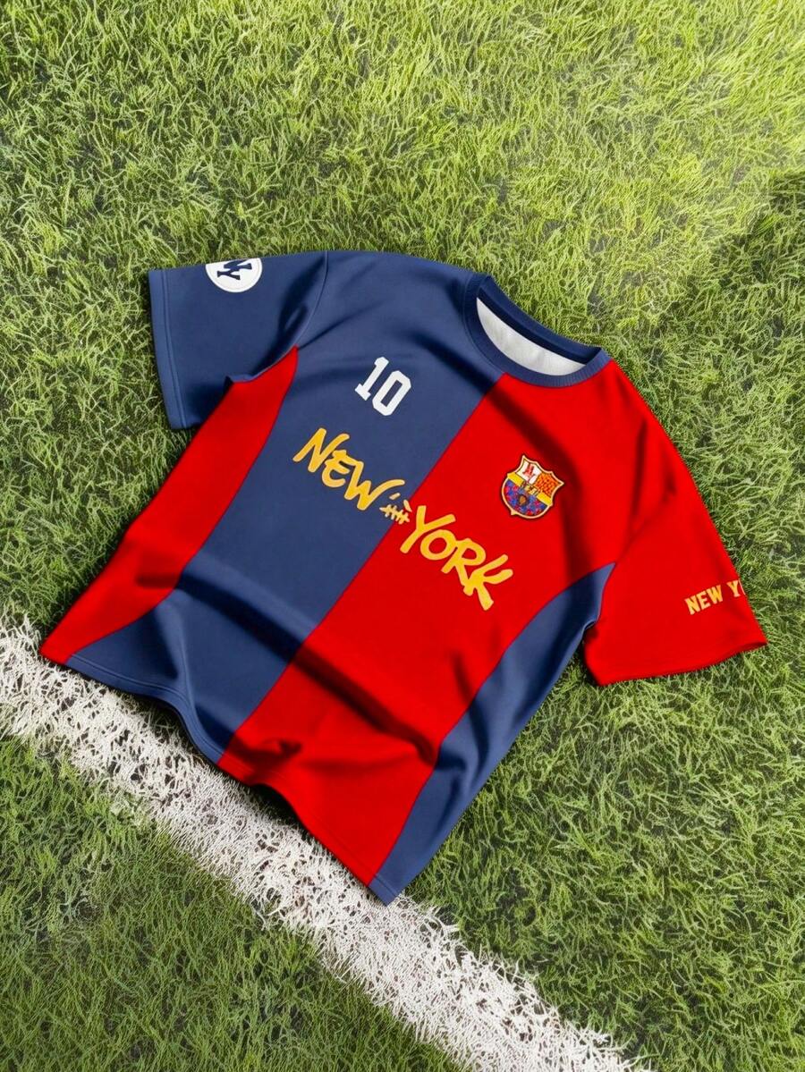 Aesthetic Post 复古街头风，巴塞罗那纽约字母徽章图案，男士红蓝撞色短袖运动T恤 - 彩色 - 查看 1