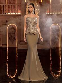 Glamrae 优雅奢华的串珠亮片刺绣花卉拼接弹力针织美人鱼裙，适合婚礼、派对、度假、盛大晚宴、晚礼服（重工装饰） - 咖啡棕 - 查看 2