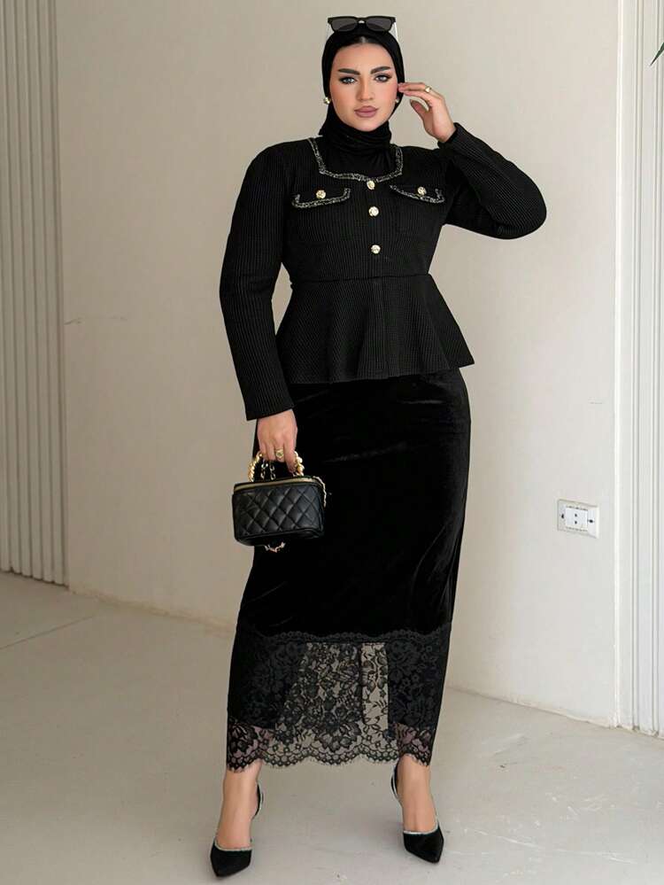 Dazy Plus Plus Size Women Velvet & Contrast Lace Elegant Long Versatile Skirt, Spring/Summer