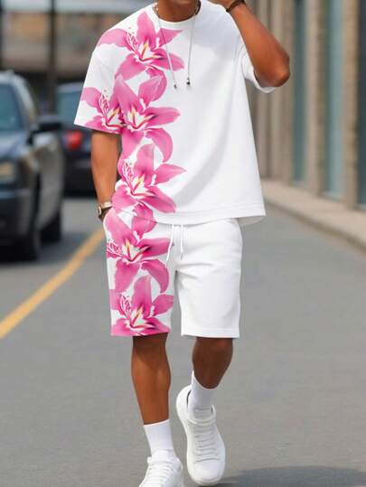 Manfinity Homme Conjunto de camiseta estampada y pantalones cortos de moda para hombre, pantalones cortos de alta calidad de felpa, lleno de ambiente veraniego, adecuado para salidas, uso en pareja, atuendo cómodo