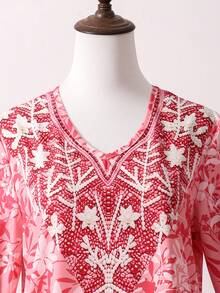 1pc Arabic Traditional Outfit, Elegant Full Print Long Sleeve Dress With Headscarf For Teen Girls - Multicolor - View 7