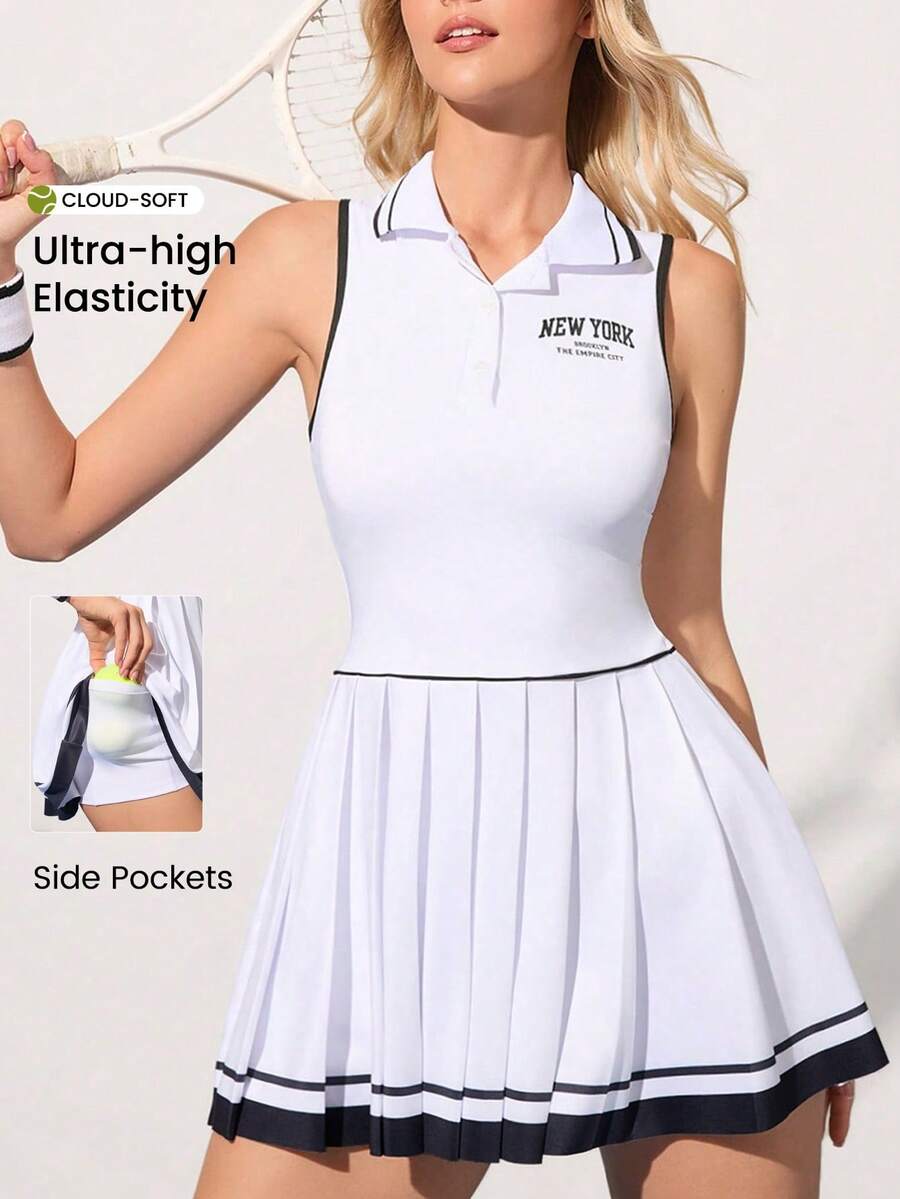 CourtClass 女士无袖半拉链休闲褶皱运动连衣裙，夏季 - 黑與白 - 查看 1