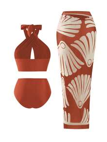 Swim Oasis 大码女式咖啡色交叉露背吊带镂空上衣和高腰比基尼泳裤套装，搭配印花网纱长裙，适合夏季海滩度假 - 彩色 - 查看 2