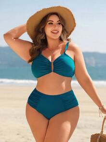 Swim Lushoire Plus Size Women's Simple Solid Color Ruched Bikini Set, Sexy Beach Vacation Style - Green - View 6