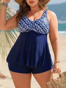 Swim Lushoire Plus Size Women Random Print Patchwork Tankini Swimsuit, Slimming & Modest Coverage For Beach, Pool, Vacation - Multicolor - View 6